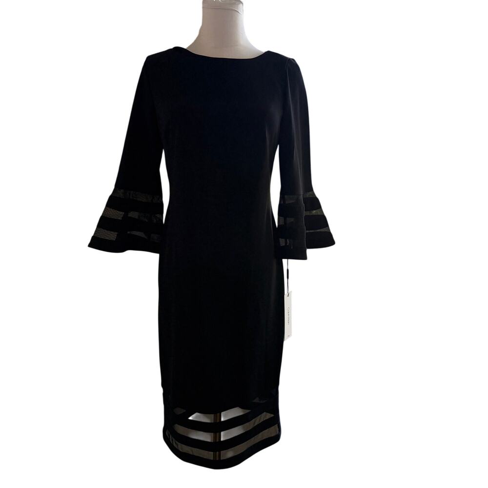 NWT Calvin Klein Black Bell Sleeve Sheer Stripe Sheath Midi Dress 6 Cocktail - Picture 2 of 10